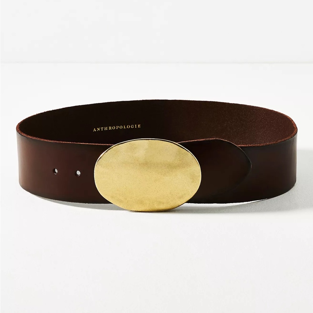 Anthropologie Dark Brown Belt with Gold Oval Buckle
